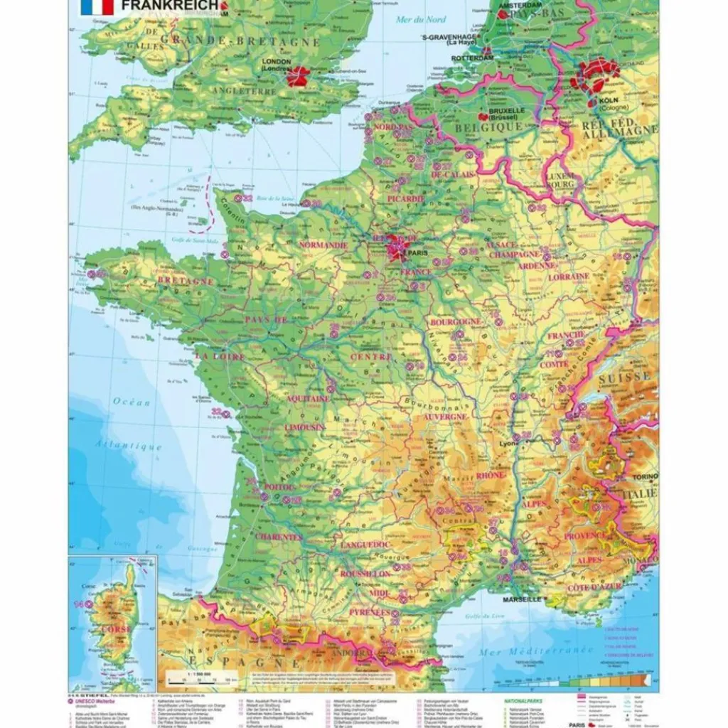 FRANKREICH PHYSISCH 1 : 1.500 000 - Poster^ Wandkarten Und Poster