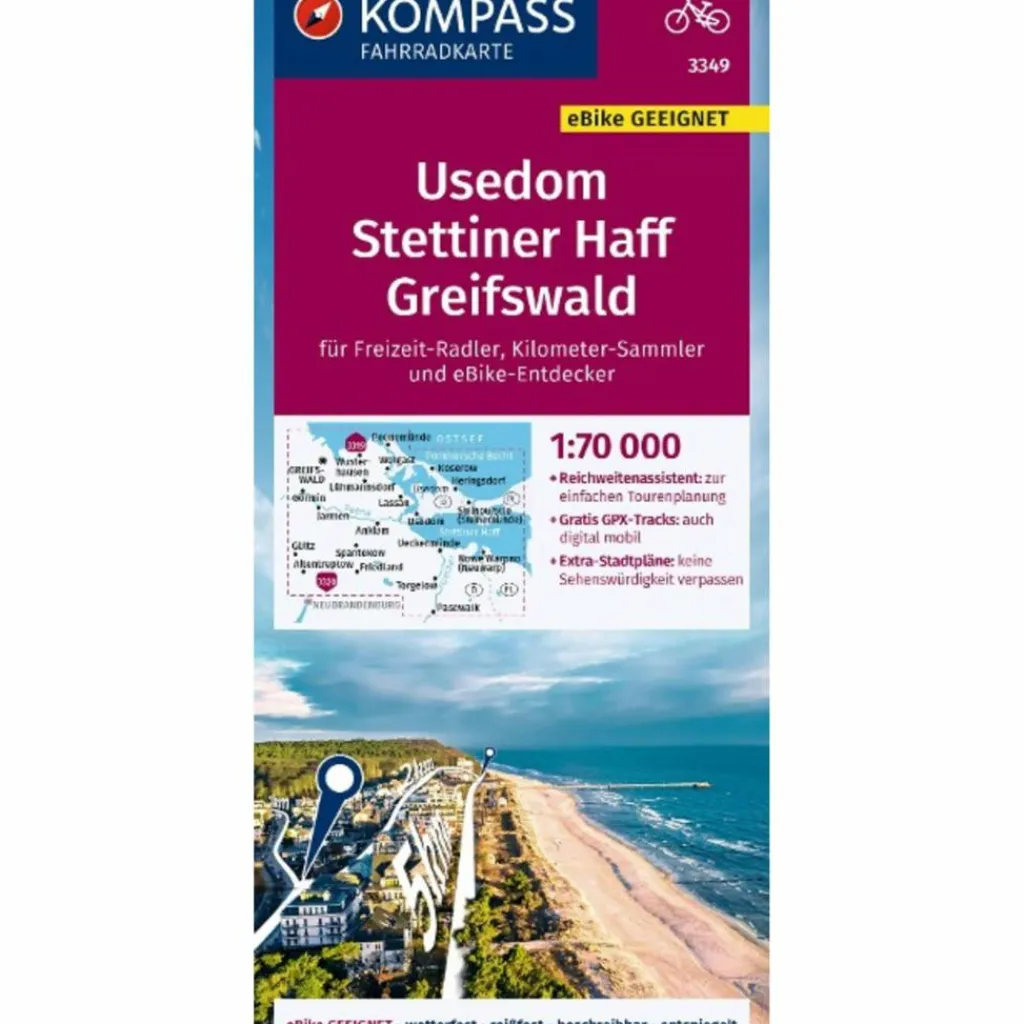 KOMPASS FAHRRADKARTE 3349 USEDOM, STETTINER HAFF, GREIFSWALD^ Fahrradkarten|Fahrradkarten